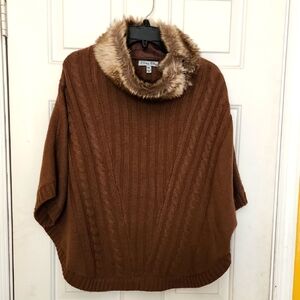 Olivia Sky Brown Cable Knit Poncho w/ Faux Fur Collar